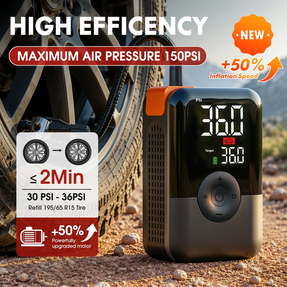 Portable Air Compressor 150PSI Cordless Tire Inflator Digital Pump Fast Inflation Auto Shut-off LED CE for Car Motorcycle Balls