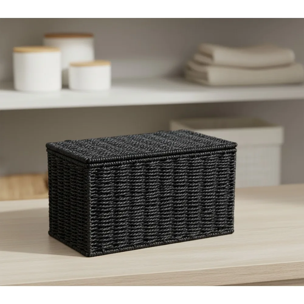 

Корзина для хранения бумажной веревки ручной работы с крышкой, черный - небольшой плетеный органайзер для домашнего офиса, ванной комнаты