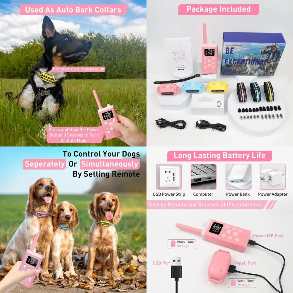 

3-Unit Shock & Bark Control Collar Set for Large Dogs, Adjustable Sensitivity with Remote