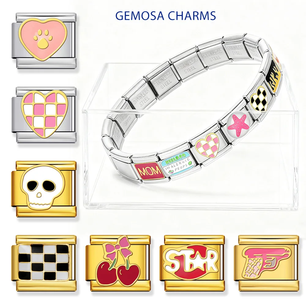 GEMOSA 9mm Gold Farbe Charm Link Edelstahl Klassische Schädel Spielzeug Pistole Seestern Zauberwürfel Schmuck Machen DIY italienische Armband – Detail 1