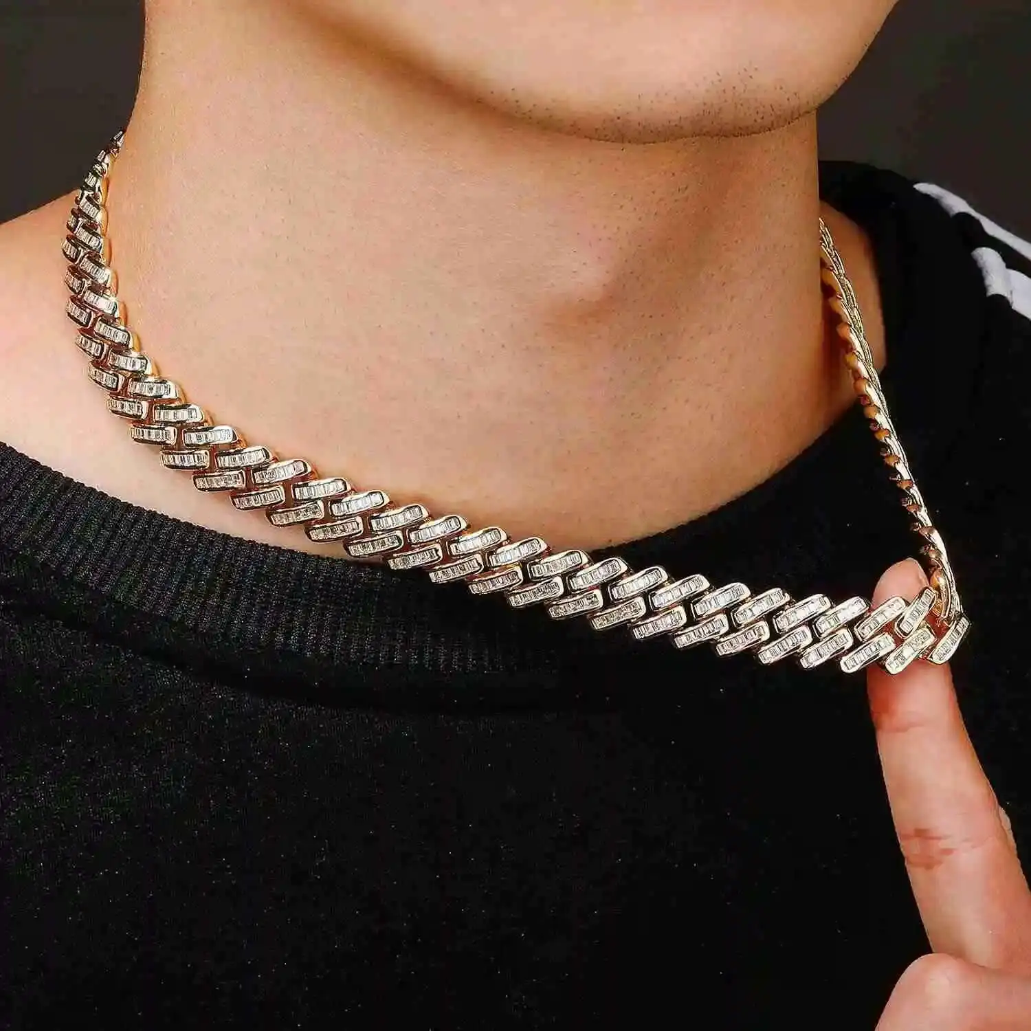

12mm Cuban Link Chain 925 Sterling Silver Baguette VVS Moissanite Hiphop Miami Moissanite Cuban Chain