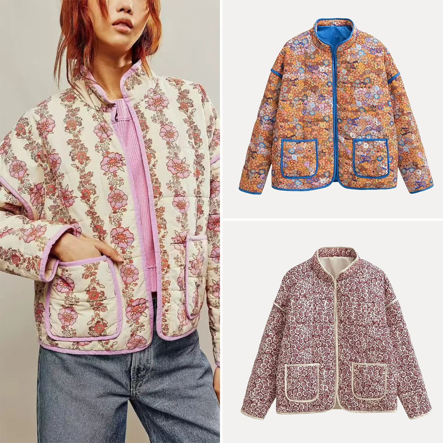 エレガントで多用途な花柄プリントコットンジャケット レディース 通勤スタイル レギュラーフィット 長袖 ジッパー開閉 ポリエステル中綿入り
