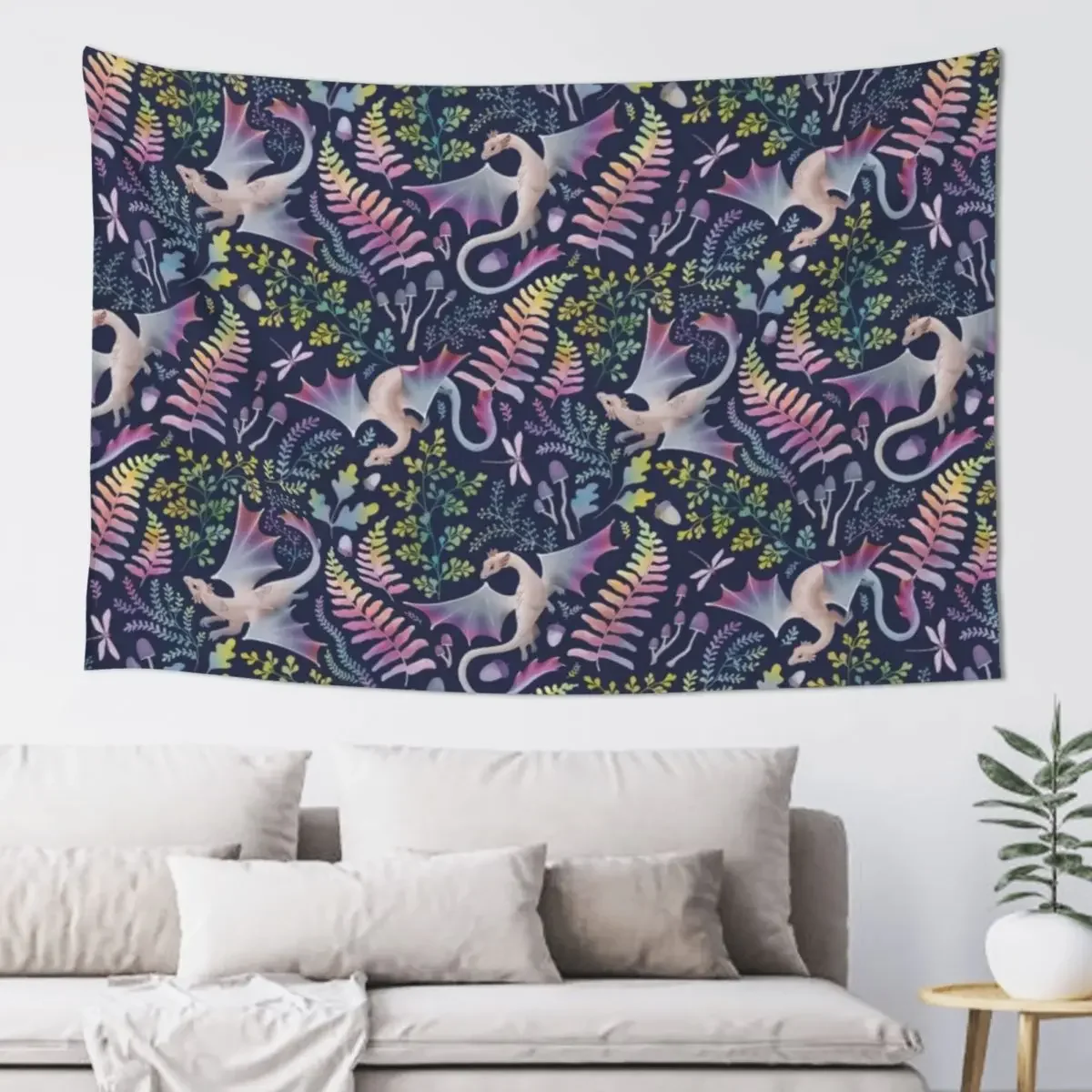 Forest dragons rainbow colours on navy Tapestry Carpet Wall Room Design Tapestry