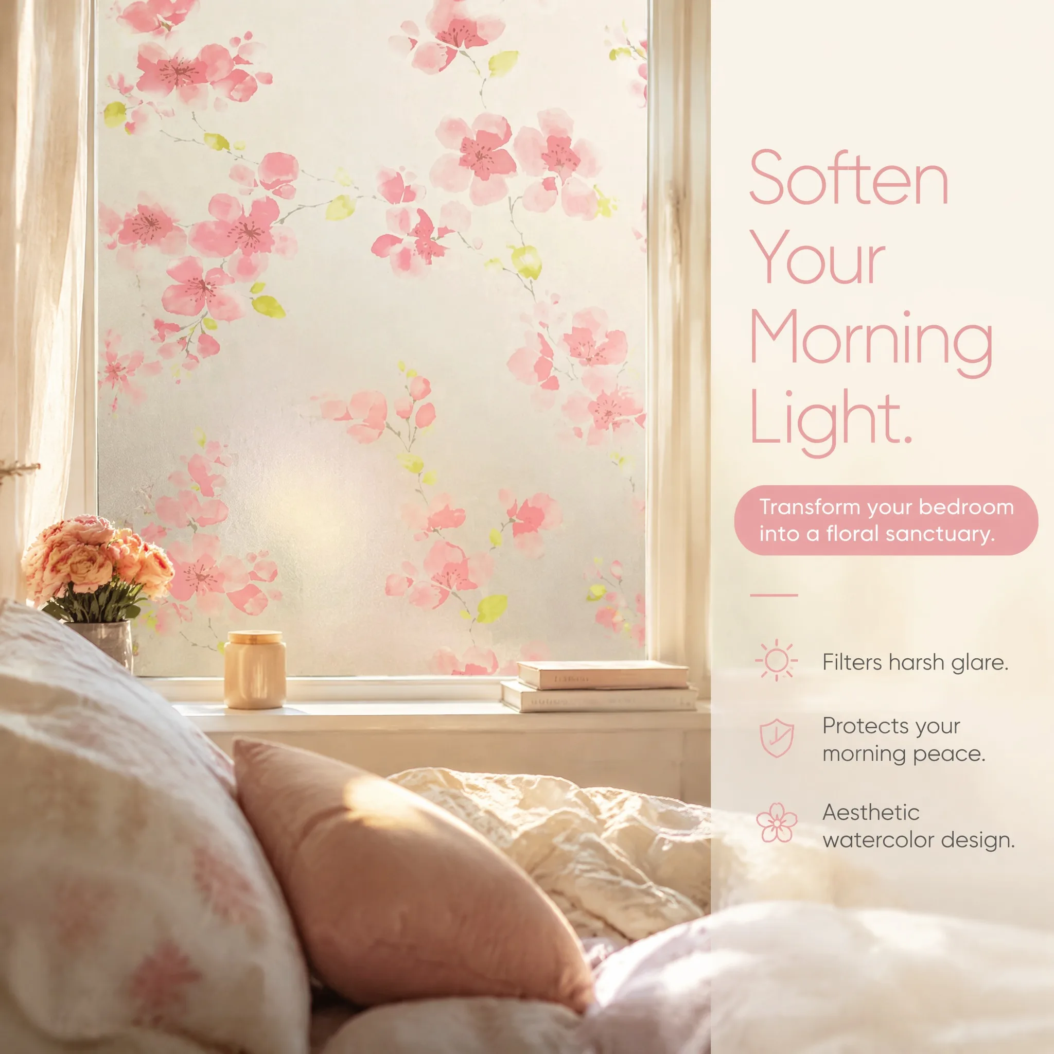 Pink Plum Blossom Watercolor Self Adhesive Frosted Window Film Floral Branch Privacy Glass Sticker Anti UV Opaque Decorative Fil