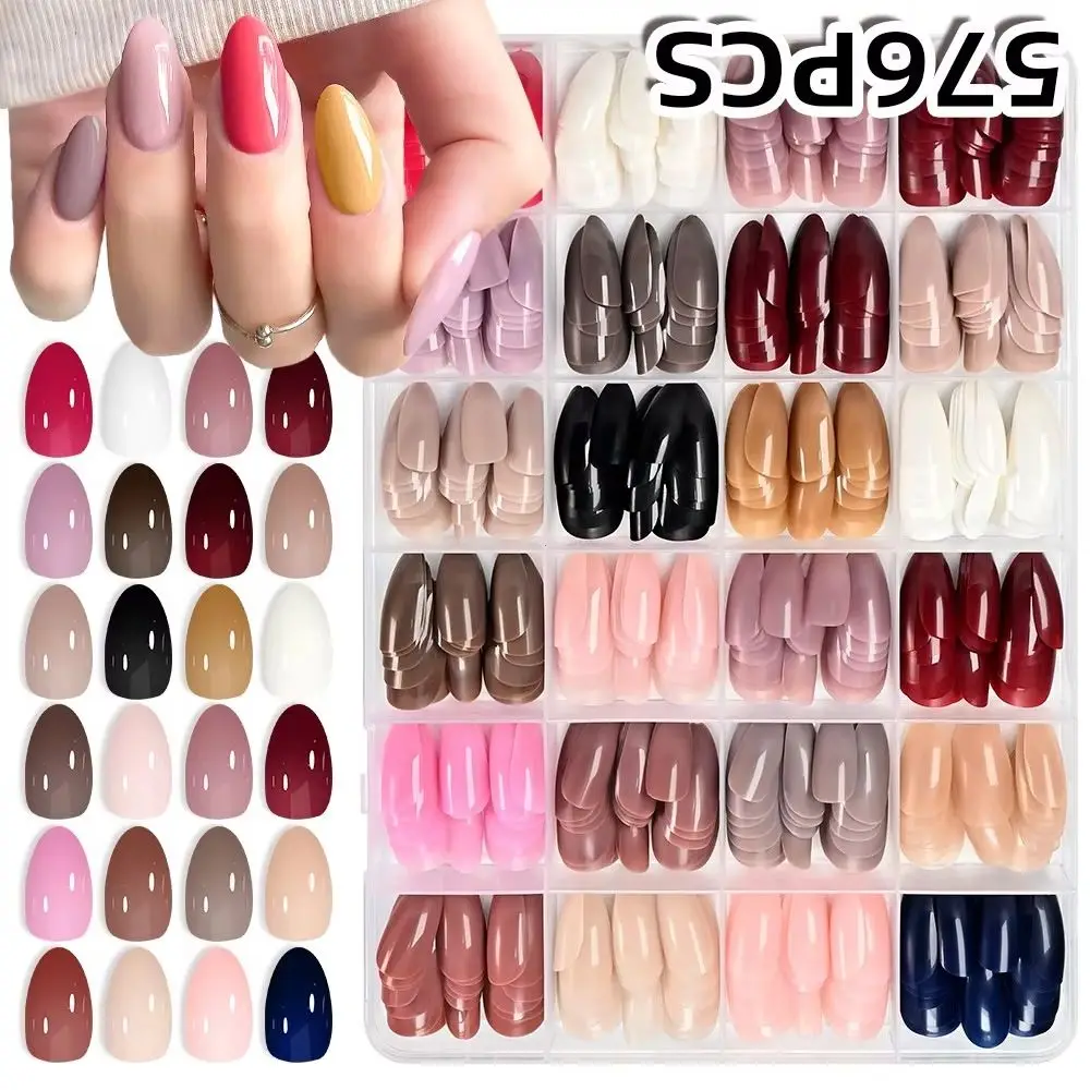 Glossy Red/Green/Blue/White Almond False Nails On Nails Acrylic Fake Nails 576pcs Medium Length Solid Color Full Cover Press