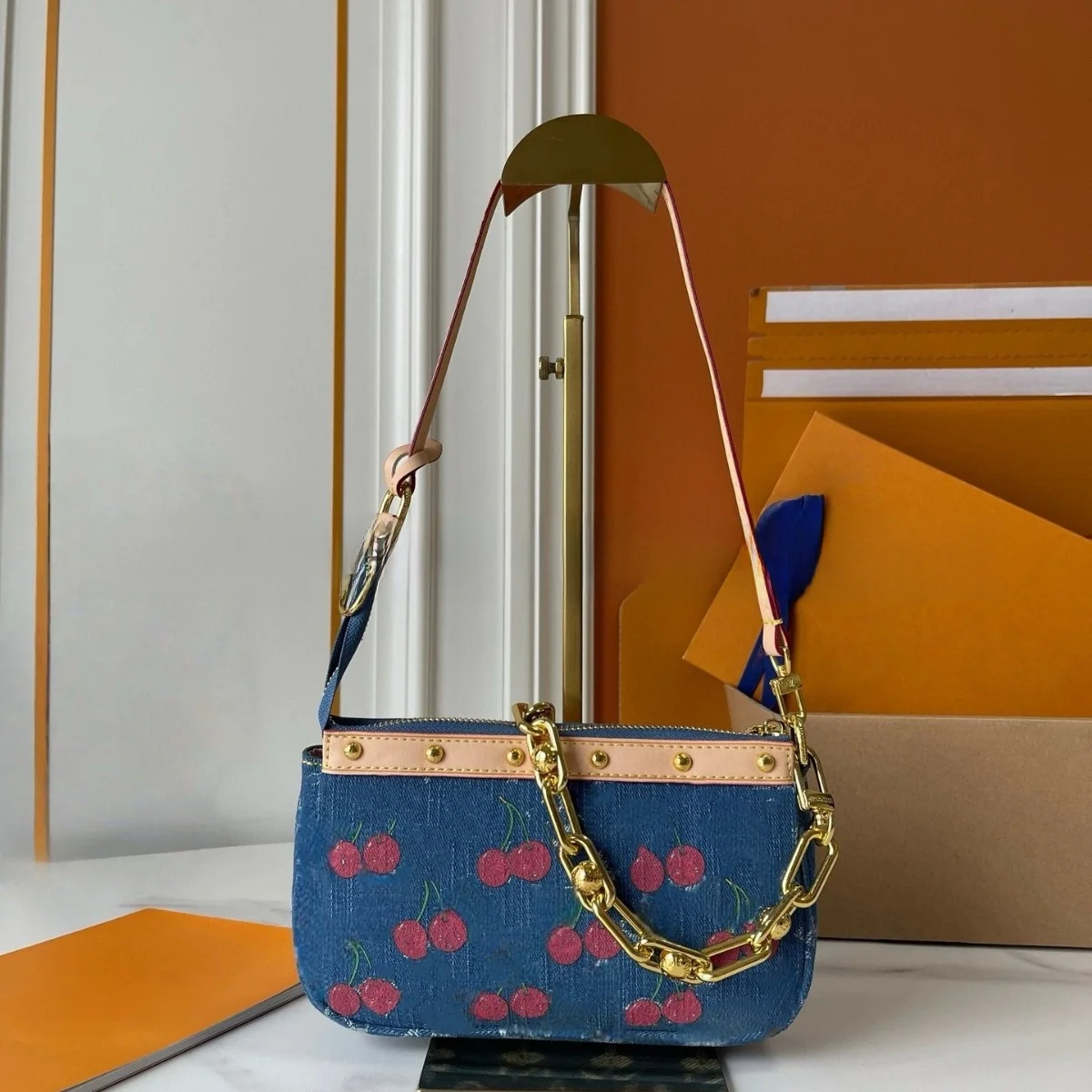 Bolso vaquero Vintage con estampado de Mahjong y cereza para mujer, bolso de hombro suave con elementos florales, tendencia transfronteriza, apertura con cremallera, tamaño mediano