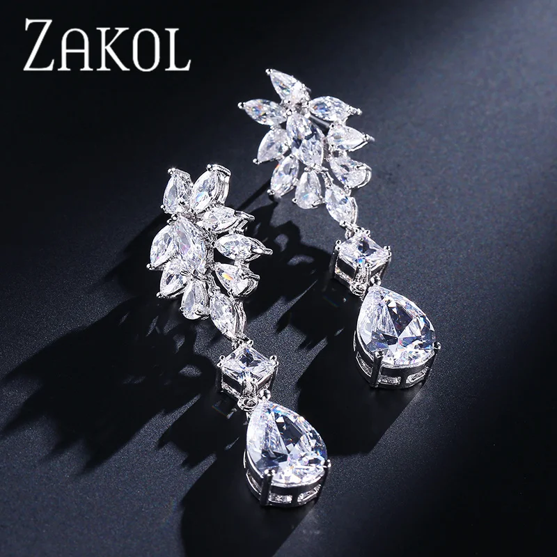 ZAKOL Klassische Mode Silber Farbe Blatt Zirkon Tropfen Ohrringe Micro-Inlay Personalisierte Braut Hochzeit Schmuck Für Frauen