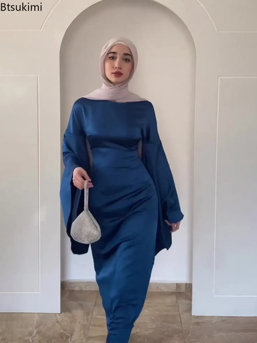 2025 Spring New Women's Slim Satin Maxi Dress Fashion Flared Sleeve Elegant Party Robe Eid Muslim Modest Abayas Islamic Clothing