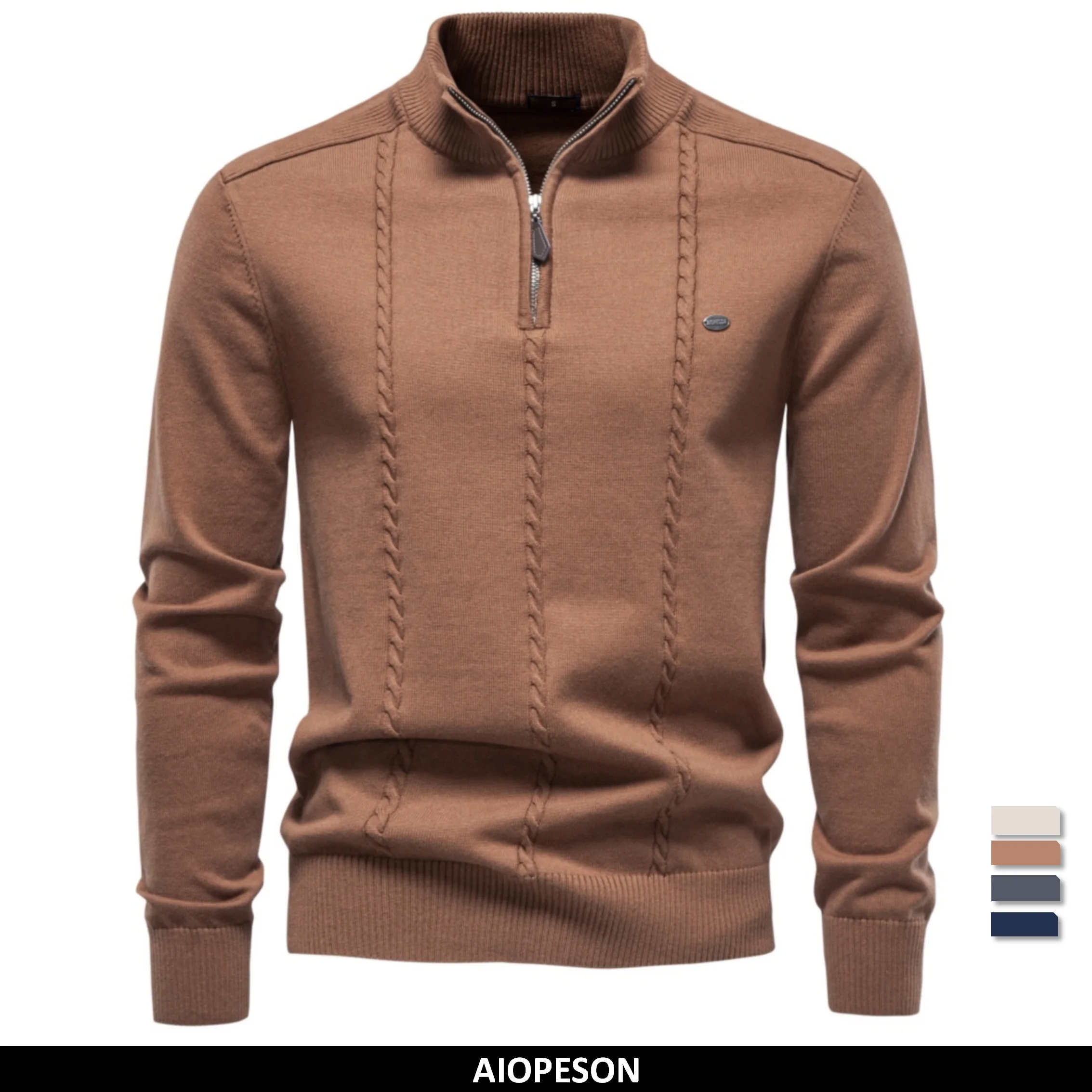 AIOPESON 2026 Men's Cable Knit Sweater Cotton Blend Half Zip Mock Neck Solid Color Pullover Autumn Winter Casual Warm Sweater