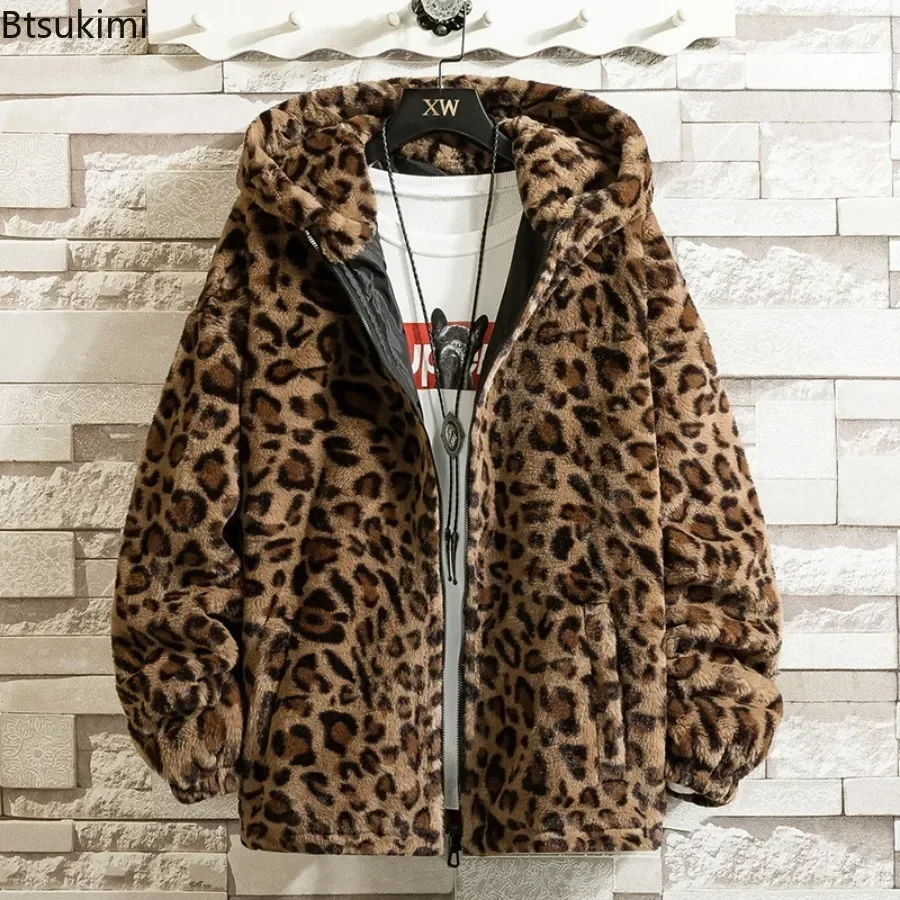 Men\'s Autumn Winter Hooded Jacket Fashion Couple Leopard Two-side Plush Zipper Coats Causal Loose Windbreaker Outerwear for Men