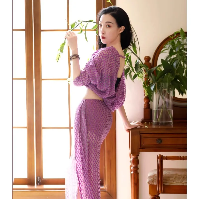 맞춤형 밸리 댄서 의상 오리엔탈 댄스 연습 복장 나비 슬리브 탑 엉덩이 포옹 스커트 섹시