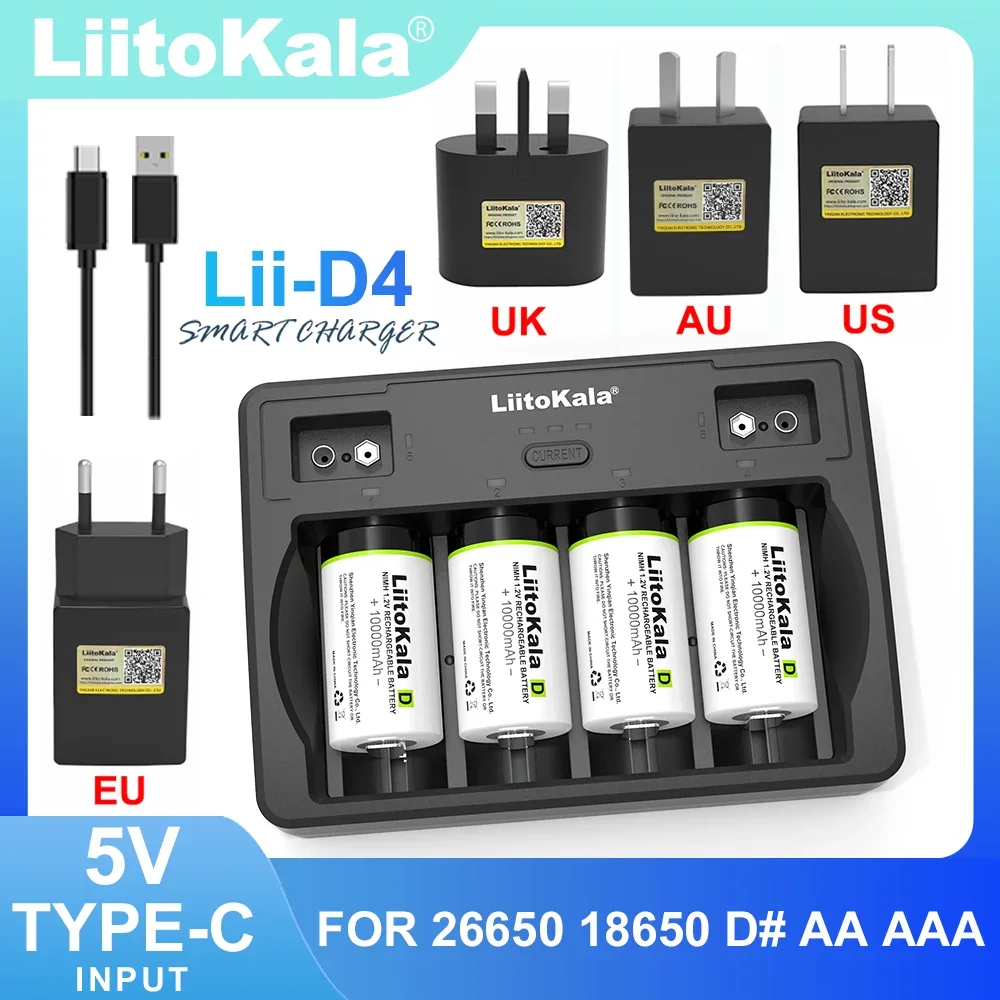 LiitoKala Lii-D4 9V 26650 18650 21700 18500 26700 16340 22650 AA AAA C SC D 3.7V 1.2V Lithium NiMH Smart Battery Charger