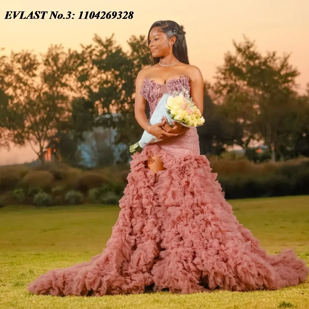 

EVLAST Customized Luxury Pink Prom Dress Black Girls Rhinestone Crystal Beaded High Slit Ruffles Mermaid Party Gala Gown E3P295