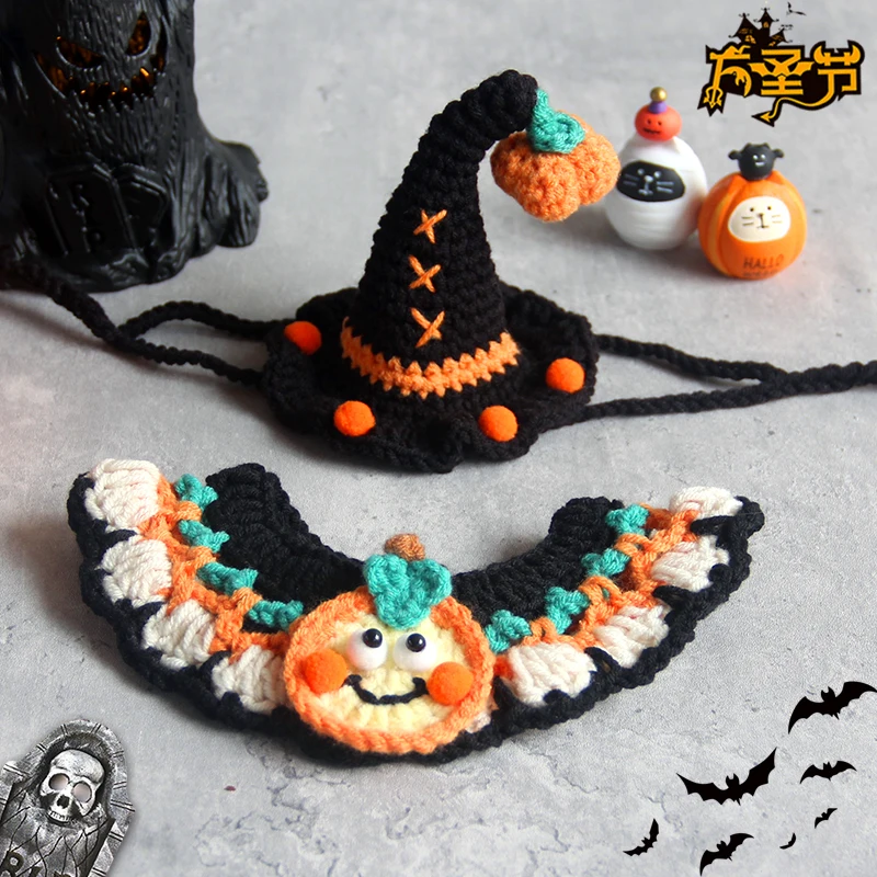 Halloween Pet Collar Bib Drool Towel Cat Dog Decoration Ghost Festival Hand Knit Wool Spooky Costume