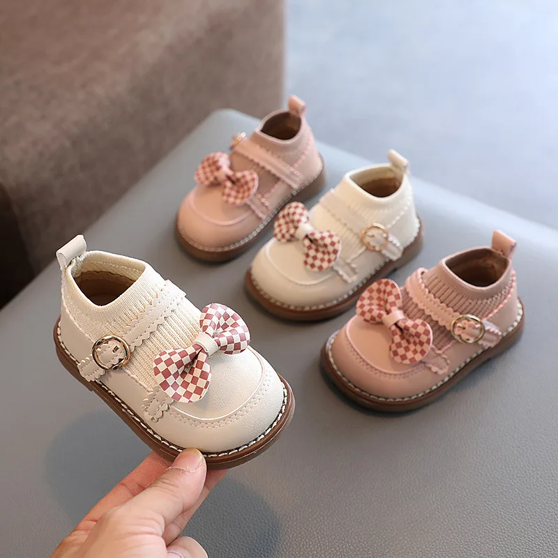 

Baby Spring Autumn Toddler Shoes Girl Braethable Bow Princess Shoes Woman Soft Soled Buckle Velcro Solid Color Kid Leather Shoes