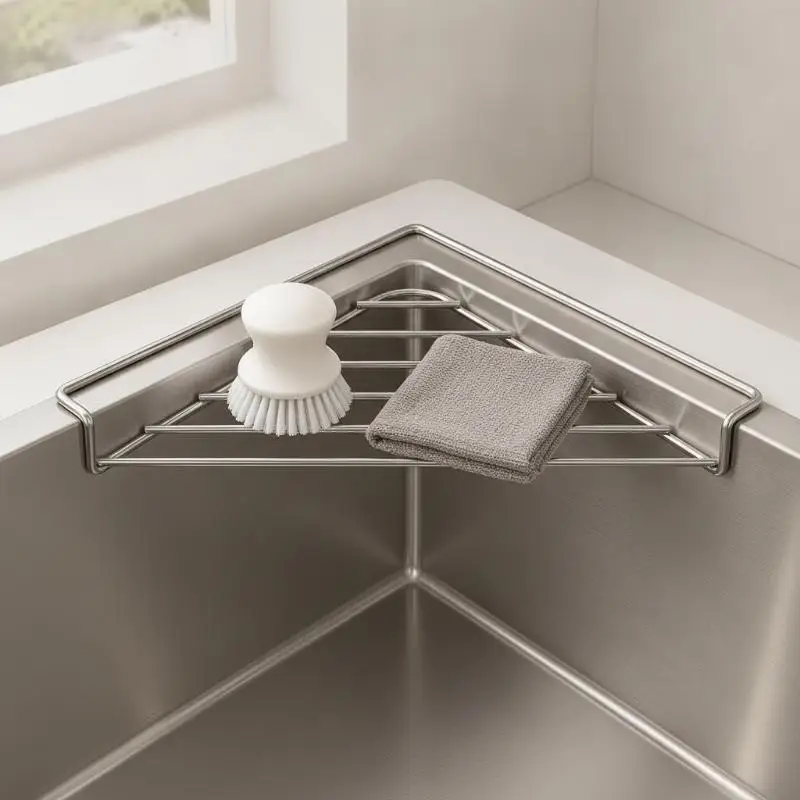 Stainless Steel Modern Sink Caddy Triangle Corner Storage Rack for Sponge Dish Cloth Home Kitchen Decorative Organizer