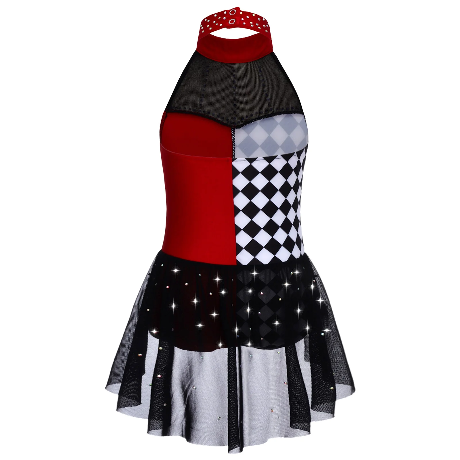 Kids Girls Ballet Dance Leotard Party Clown Costume Color Block Patchwork Rhinestone  Halter Sleeveless Mesh Overlay Bodysuit