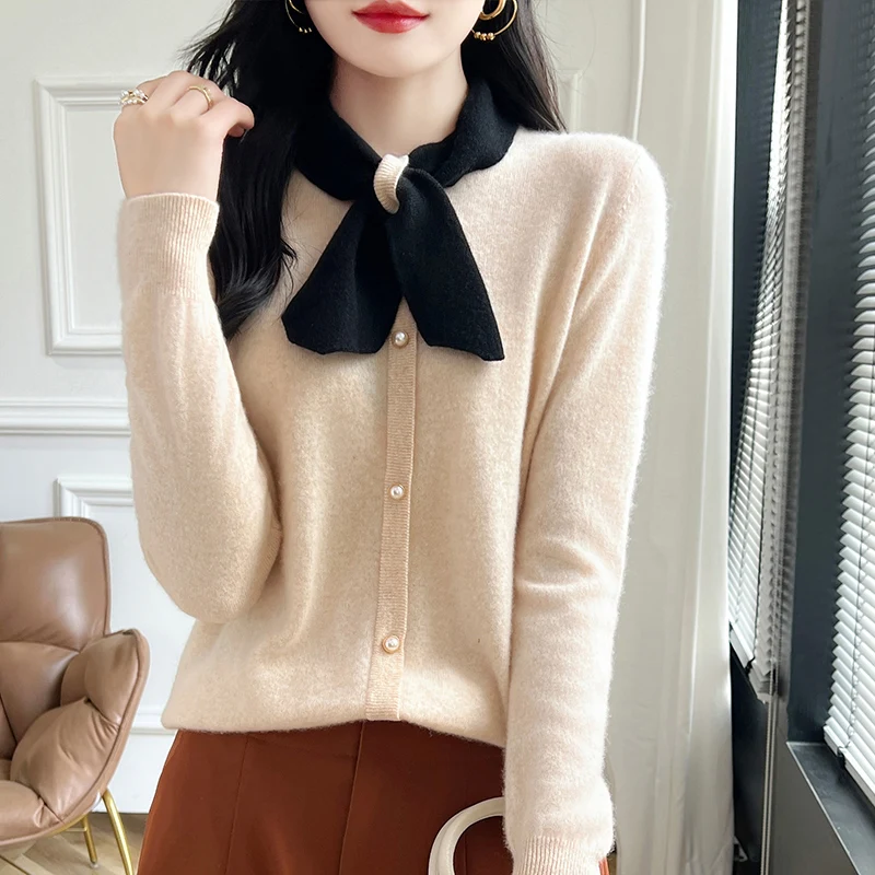 Spring Autumn New Women\'s Clothing 100% Wool Knitted Hoodie Casual Fashion Bow Collar Tops Long Sleeve Loose Bottom Shirt Solid