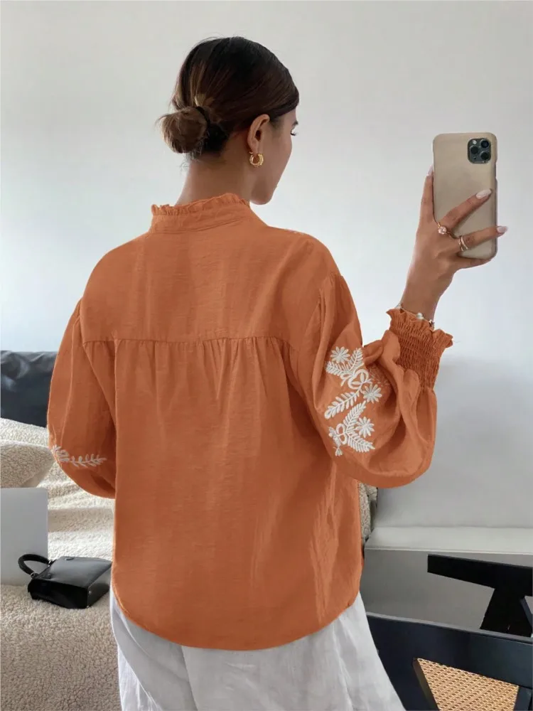 

Woman's Solid-color Jacquard Pattern Tops Spring Fashion V-neck Lantern Long Sleeved Button Shirt Autumn Lady Beautiful Blouses