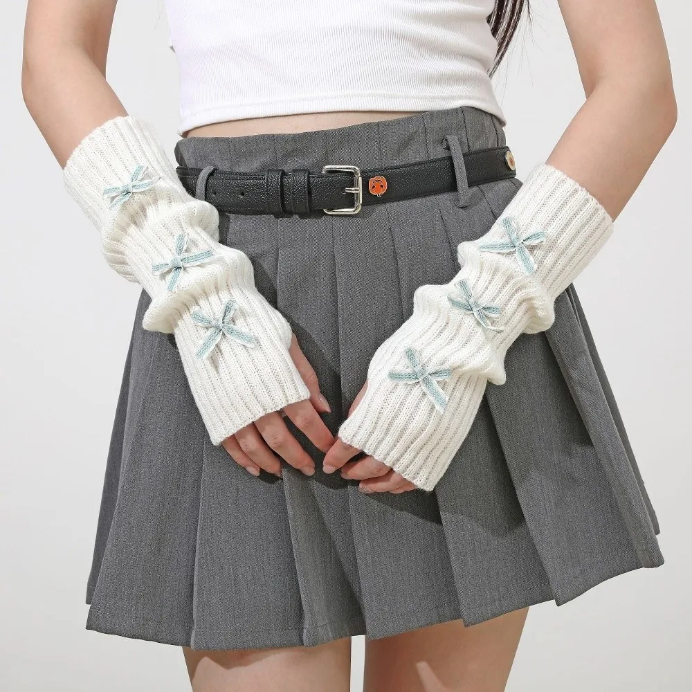Fashion Thicken Bow Arm Warmers Long Knit Soft Knitted Y2K Fingerless Gloves Sweet Bowknot Sleeve Cover Girl