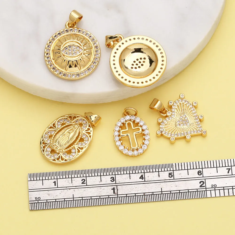 OCESRIO White Crystal Evil Eye Medal Pendant for Necklaces Copper Gold Plated Virgin Mary Heart Jewelry Making Component pdtb576