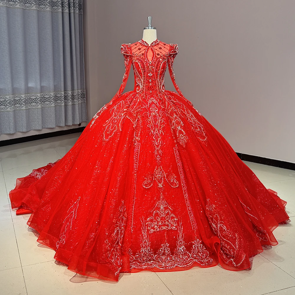 Customized Luxury Red Heavy Beaded Bridal Dress Delicate Pearls Sequin Long Sleeve Wedding Dresses Dw0060