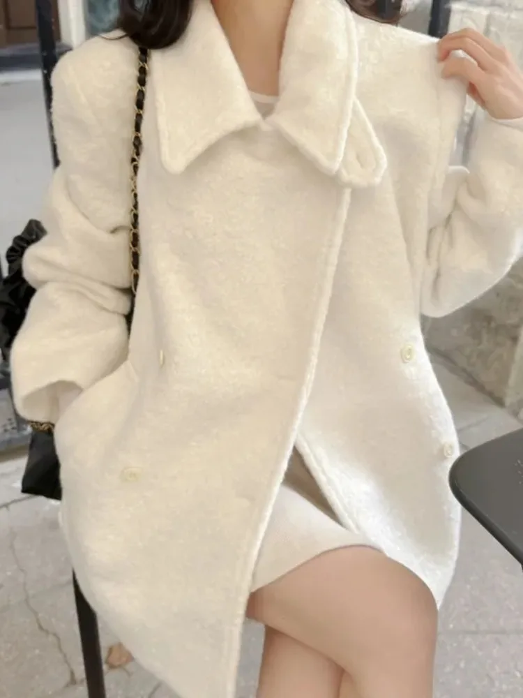 

Chic Winter Women's Loose Woolen Coat Double Row Button Design Sensual Ba Belt Large Size Comfortable Korean Sle Outerwear