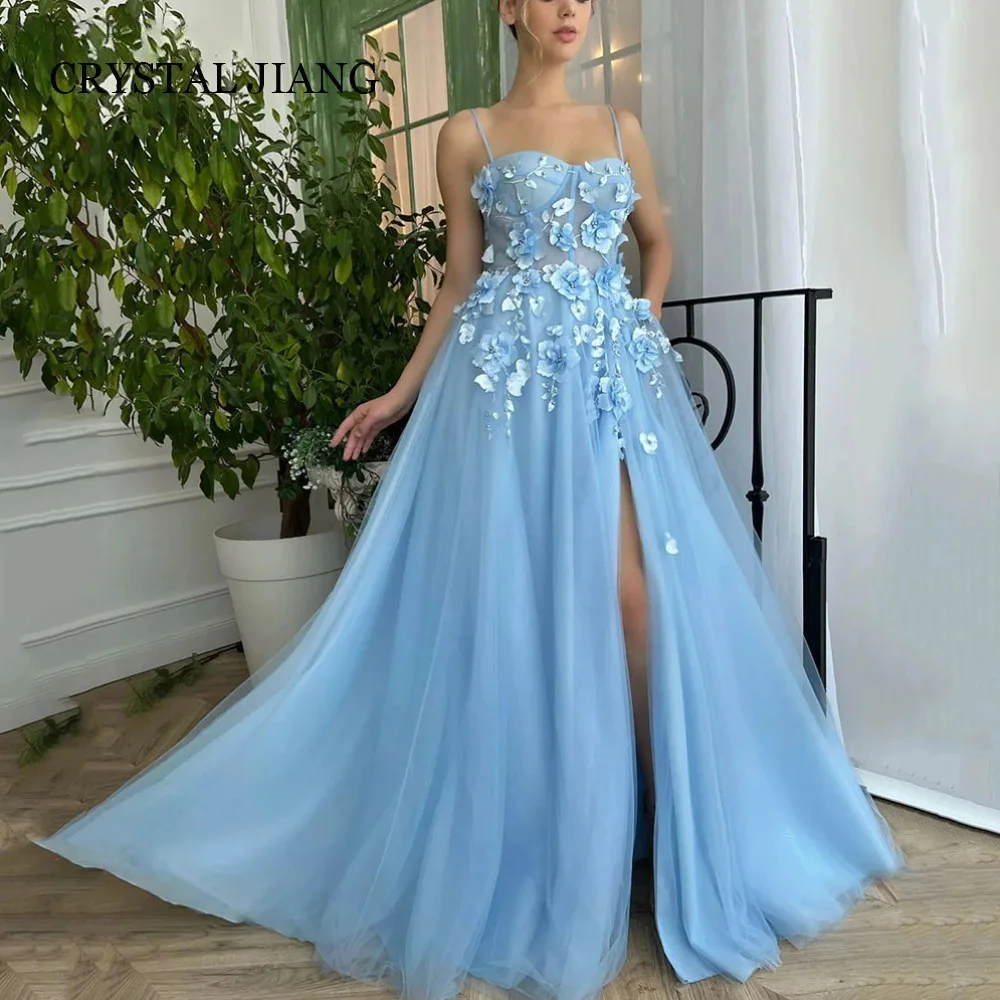 Classy Long Blue Spaghetti Straps Tulle Prom Dresses Sleeveless with Appliques A Line Slit Floor Length Vestido Formal