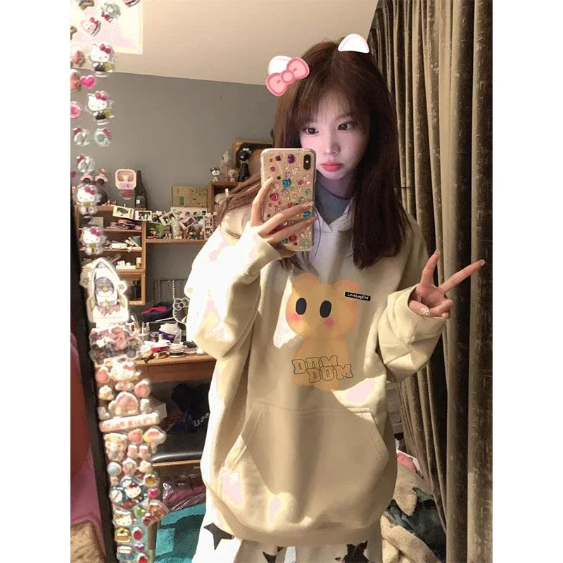 Autumn and winter models of fun printed hooded sweater men and women trend of American lazy wind loose padded couple jacket