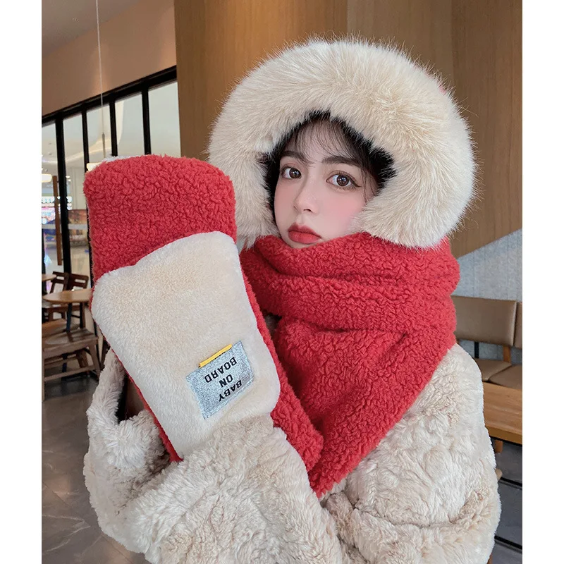 2021 Korean winter new Bib three piece integrated warm ear cap fashion Christmas scarf thick ear cap warm women\'s scarf beanie