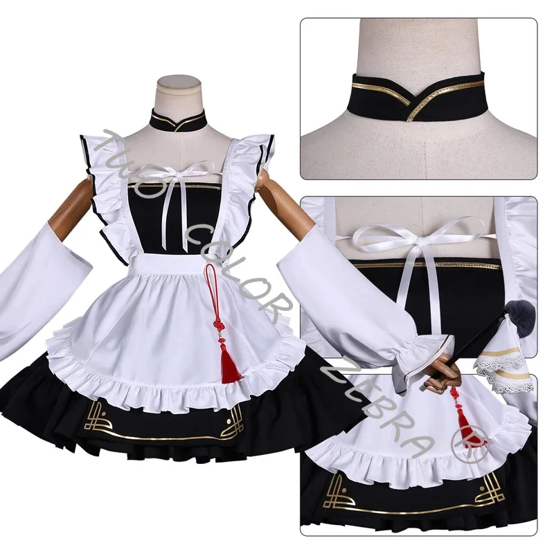 A;3\v,7'd/Game Azur Lane Chang Feng Cosplay Costume White Maid Cos Dress with Frilled Apron Choker Headress Props Wig w.3;v'6\b/ view 6