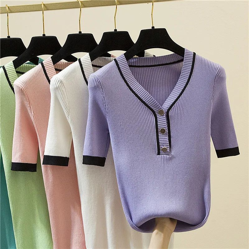 Ice Silk Collar Short Sleeve Shirt Women's Summer New Contrast Color Button Slim Fit Slimming Knitted Bottoming Shirt Women