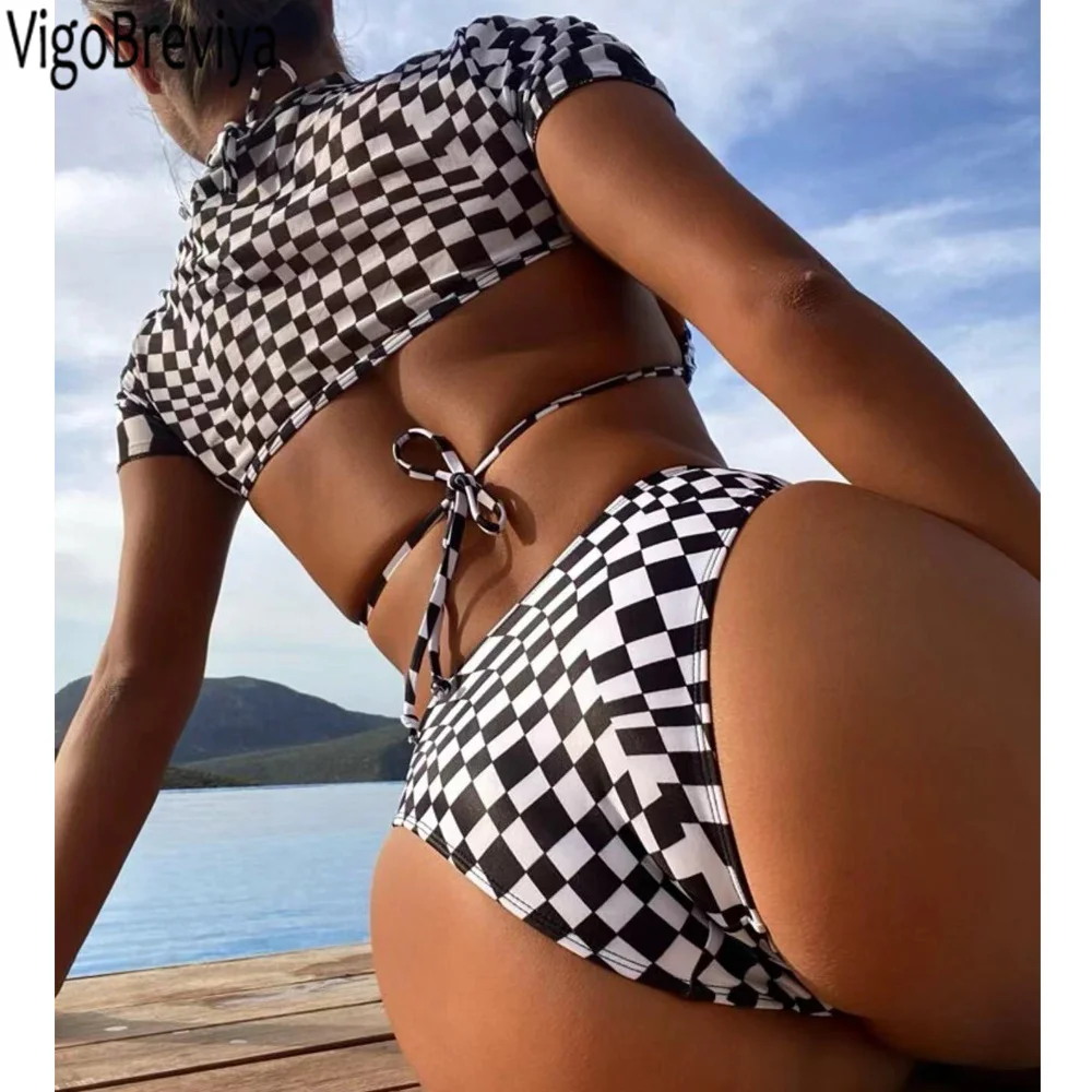 VigoBreviya Sexy Print 3PCS Short Sleeve Bikini Set Swimwear Women 2025 High Cut Hollow Push Up Swimsuit Summer Bathing Suit