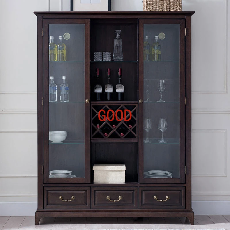 American Solid Wood Sideboard Simple Wall Kitchen Cabinet Double Door Wine Cooler Storage Rack