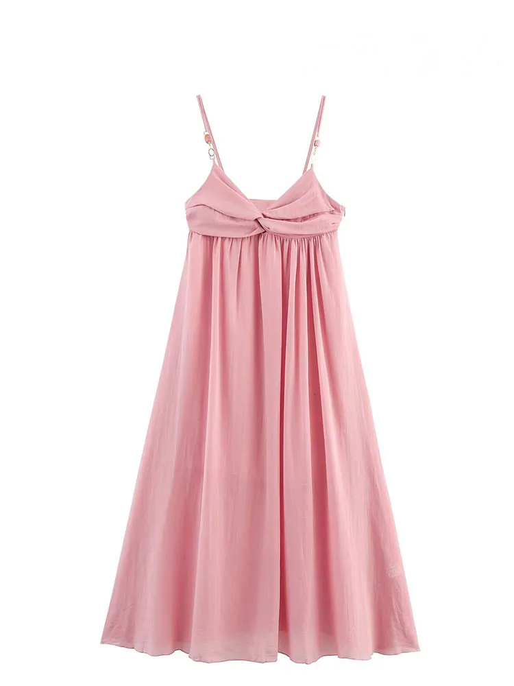 

HH Women Elegant Slim Pleated V-Neck Dress Backless Decoration Summer Women's Sexy Zipper Solid Sleeveless Midi Dresses