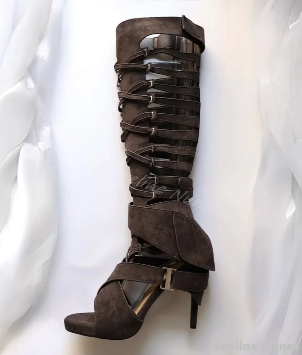 

Hollow Flannel Knee High Sandals Women Open Toe Intricate Cross Straps Stiletto Boots 2025 Designer Style Handmade Sandals Boots