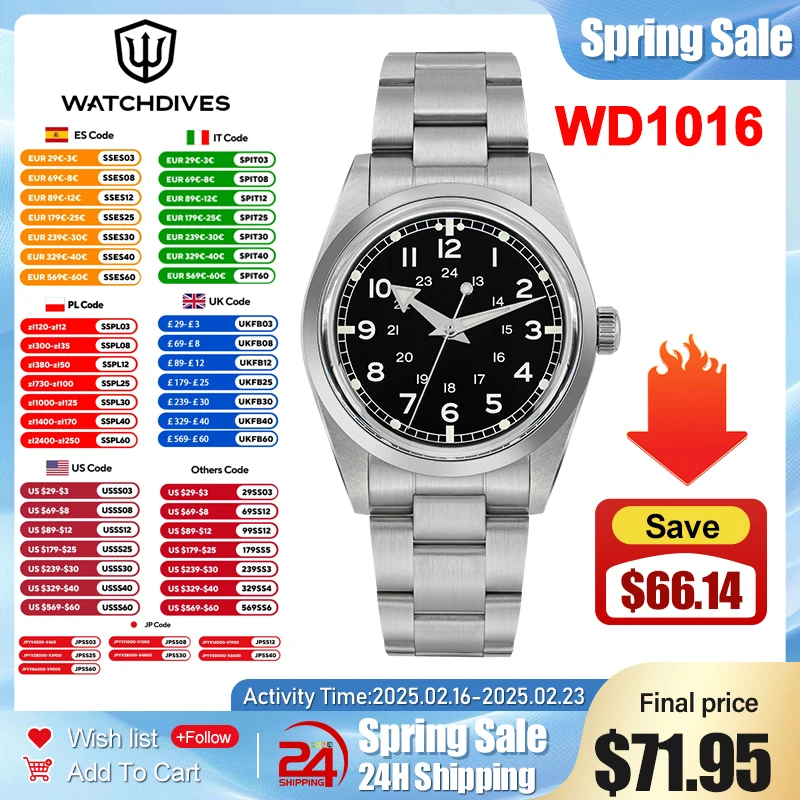 ウォッチダイブ-クラシックメンズステンレススチール防水クォーツ時計、発光ダイブウォッチ、クォーツムーブメット、bgw9、37mm、100m、wd1016、vh31