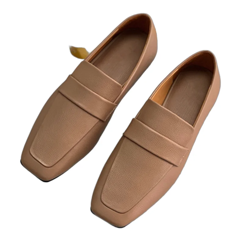 Withered Nordic Minimalist Solid Color Cowhide Leather Loafers French Retro Square Head Commuting Casual Leather Flat Shoes Wome