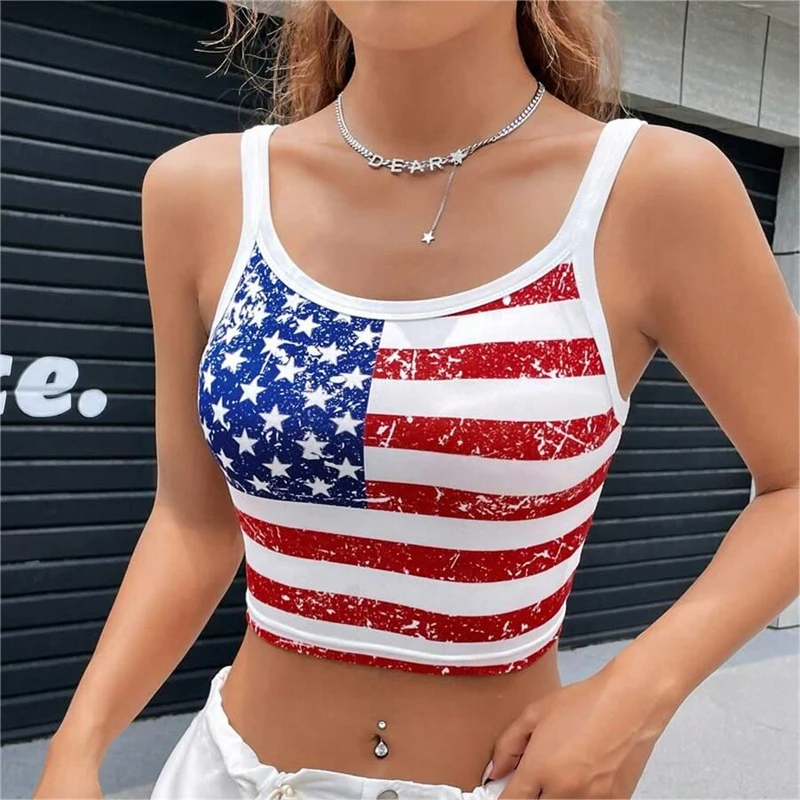 Gothic Punk New 2024 USA Flag Crop Top Sexy Backless Tank Slim Mini Vest da donna Summer Y2k Clothes Short White canotta E-girls