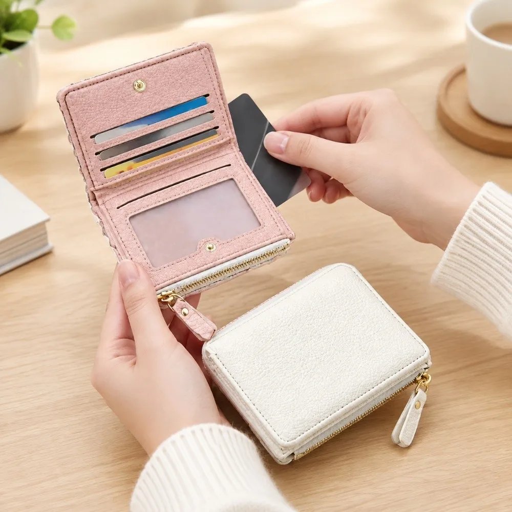 Elegant RFID Blocking Short Wallet Multi Card Slots With ID Window Coin Purse Zipper Pocket PU Leather Small Clutch Wallet Women
