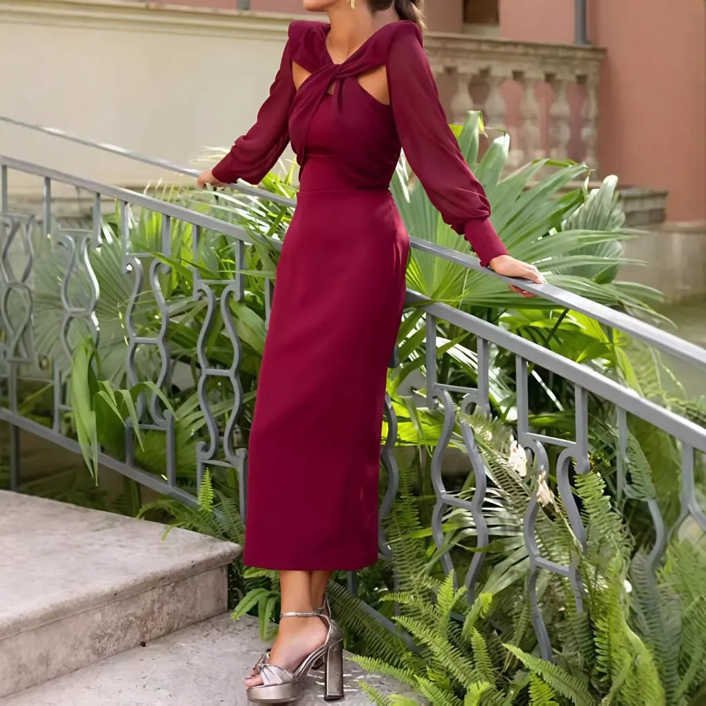 Elegante damesjurk met gedraaide holle chiffonmouwen, halflange avondjurk in Europese en Amerikaanse stijl