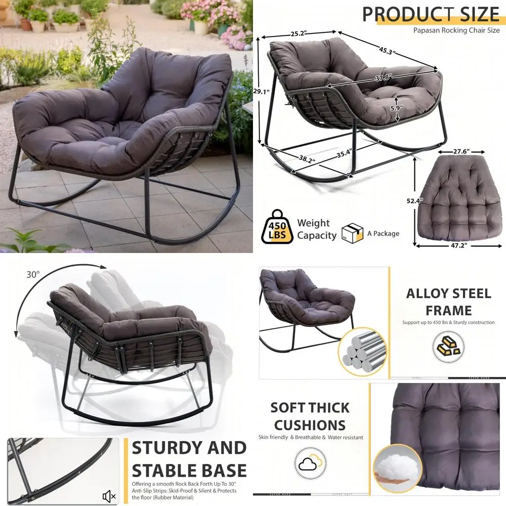 "silla mecedora ojochen de mimbre papasan con cojín, acogedora silla de lectura para interiores y exteriores, silla de huevo de patio de gran tamaño"