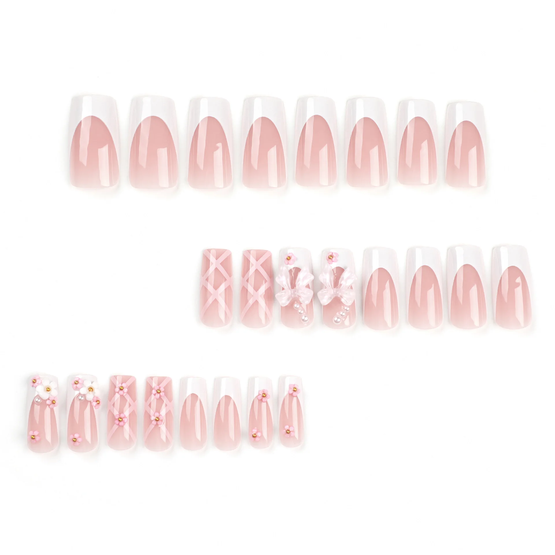 24Pcs 3D Bow Design Press on Nails Pink Long Square Head False Nails with Flower Rhinestone Full Cover Fake Nail Tips Manicure