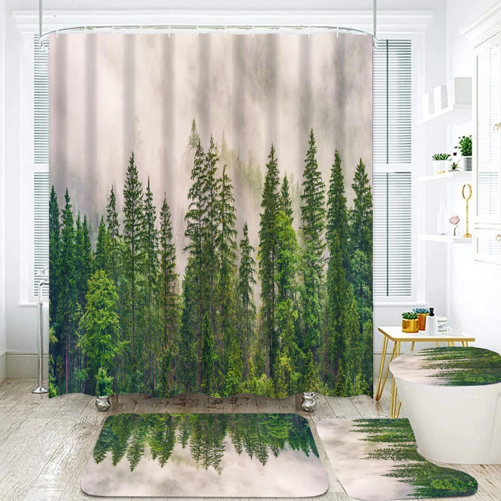 Natural Scenery Forest Waterproof Polyester Shower Curtain Set Anti-slip Soft Bath Carpet Mat Lid Toilet Cover Bathroom Set Deco