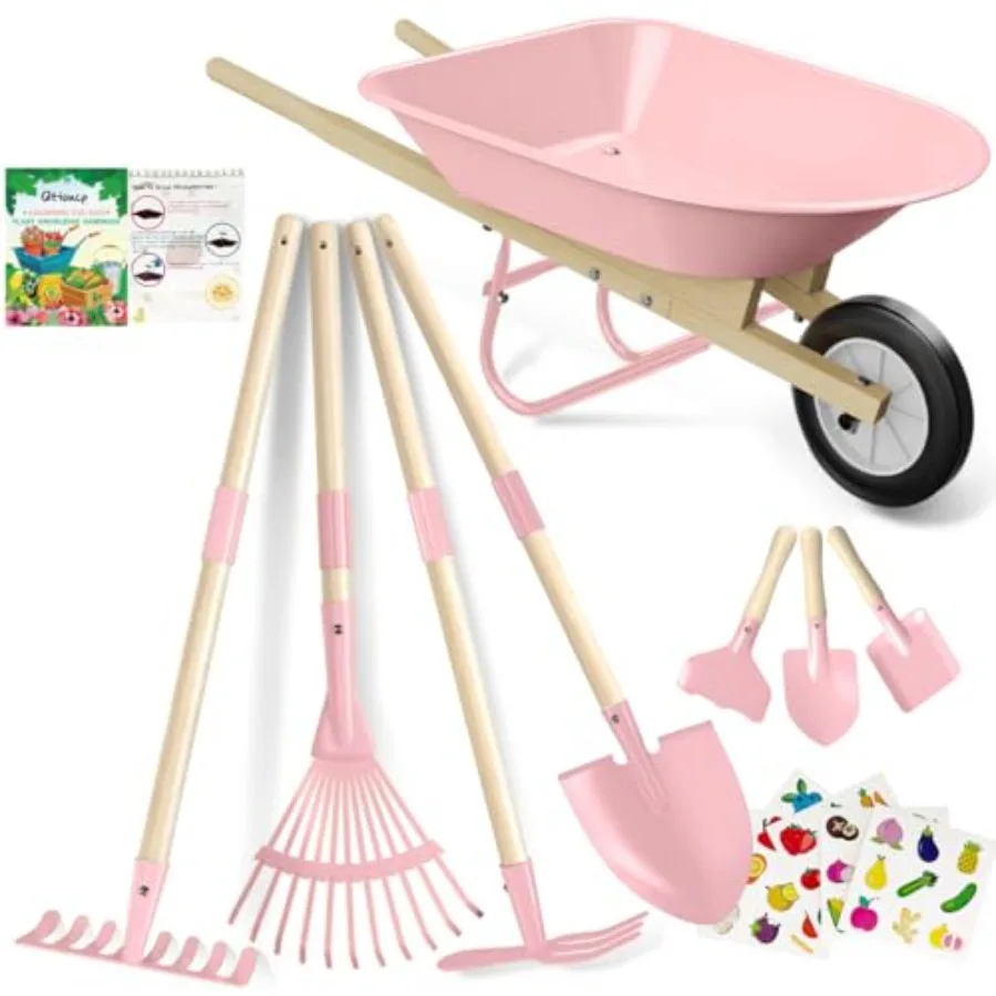 

Outdoor kids wheelbarrow set with gardening tools for backyard playdurable plastic green and yellow includes shovel rake leaf r
