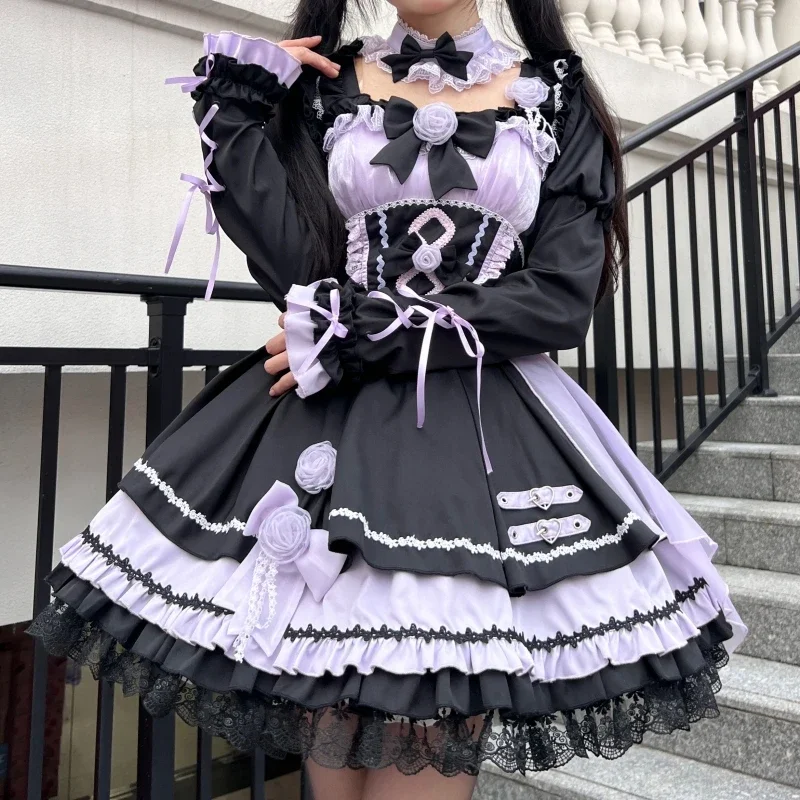 

2026 new Black and Red Lolita Dress Women's Sweet Gothic High Waist Bow Lace Stitching Short Dress Set Lady Suspender Dresses