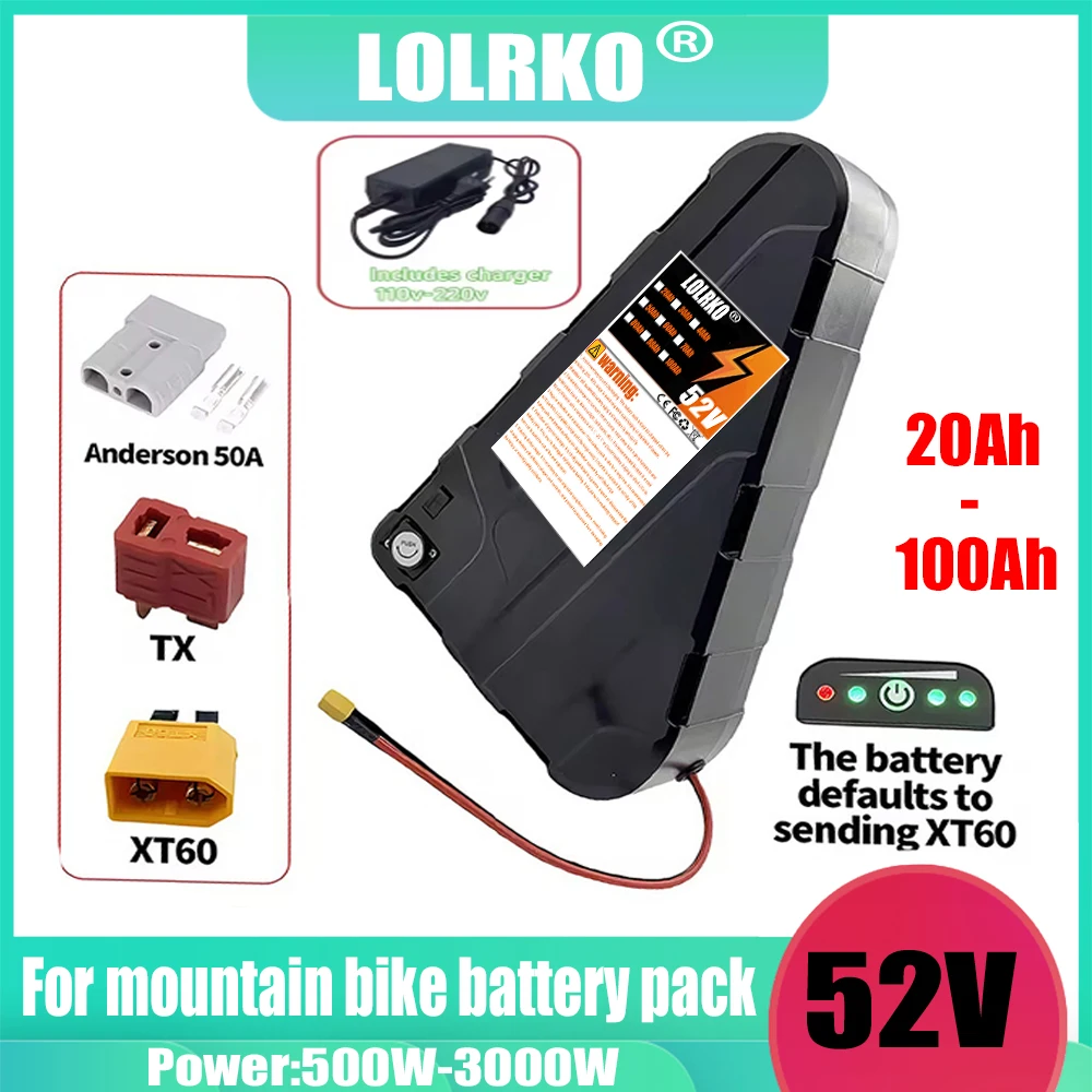 

52V brand new triangular battery, suitable for bicycles, large capacity 20AH-100AH, discharge plug XT60+charger