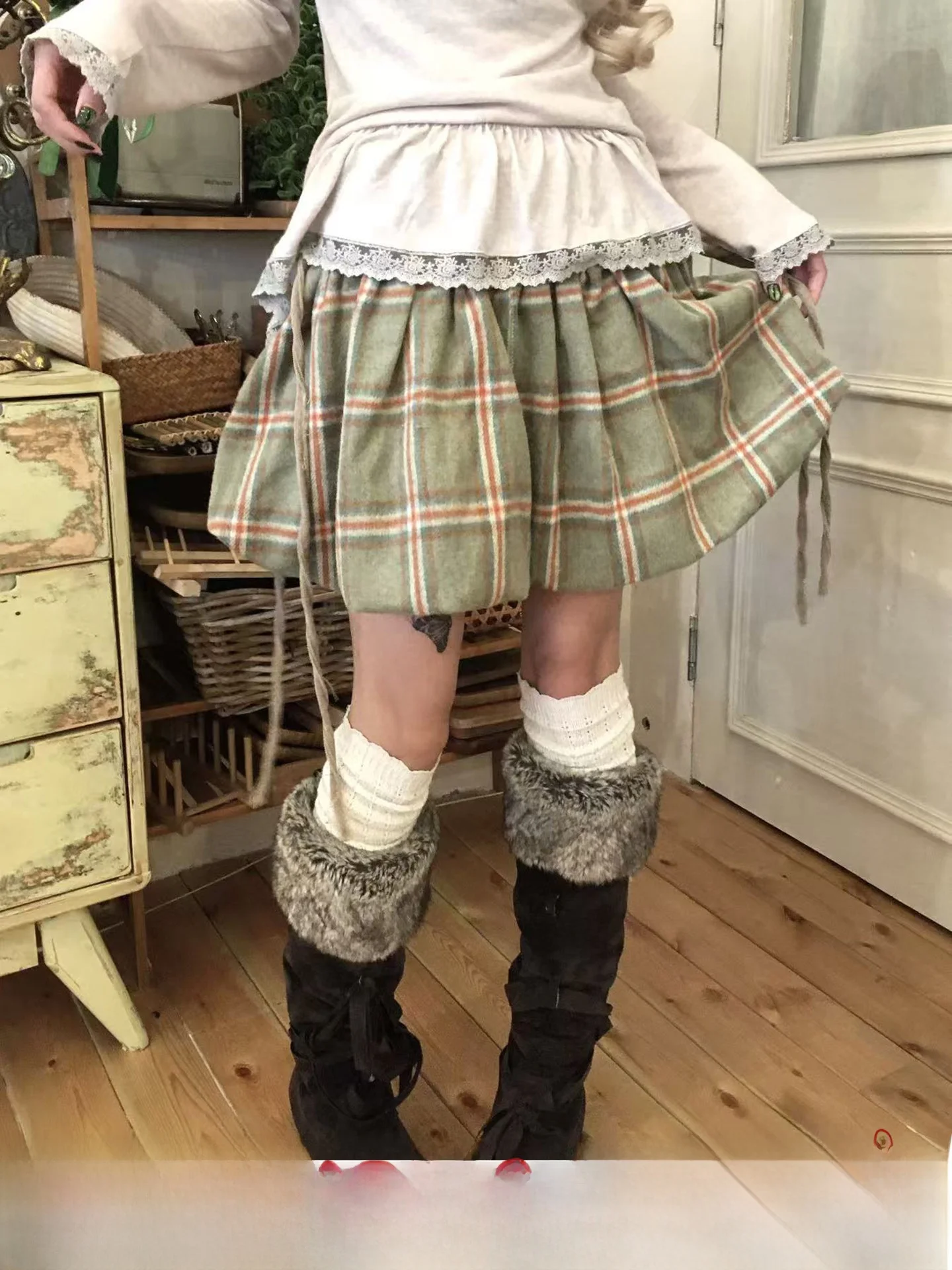 

Retro High Waist Plaid Skirt Women's A-Line f-length Skirts Asymmetrical Bunching Design Cotton Blend Casual Skirts