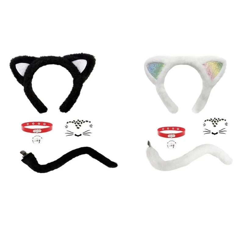 31BB Ear Accessory Tail Collar Set with Face Decal for Kids Adults Party Looks and Reusable Costume Styling