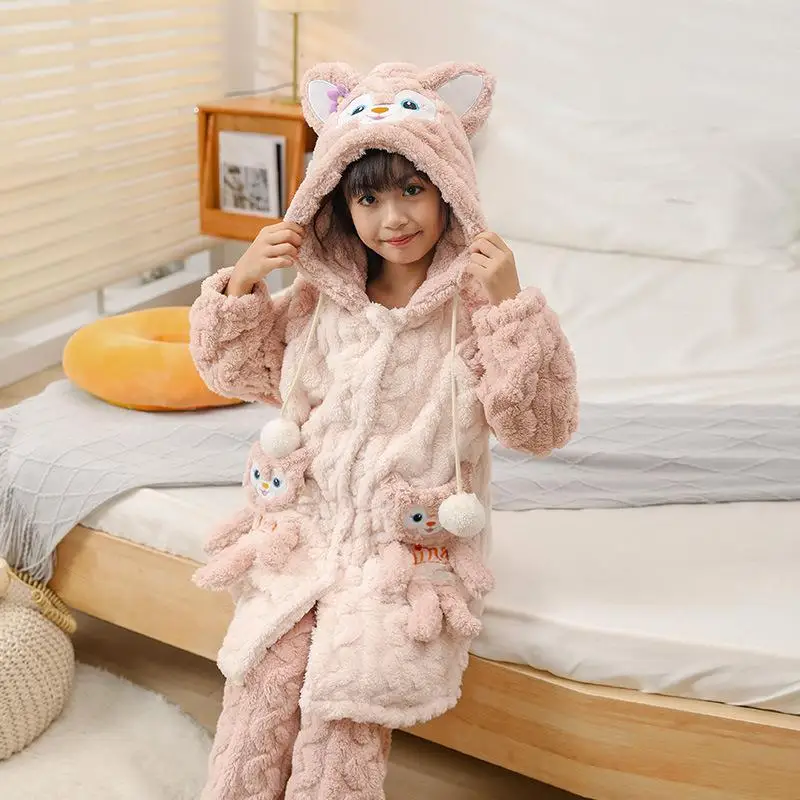 Sanrioed Kuromi-pijamas gruesos de lana de Coral para niñas, ropa de dormir de dibujos animados Cinnamoroll, bata térmica para niños, ropa de casa para niños, Invierno